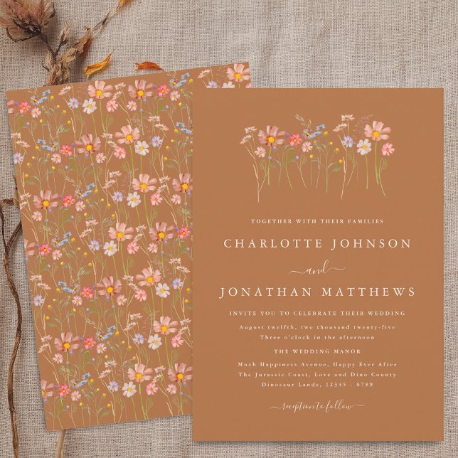 Convite Boho Fall Wildflower Meadow Brown Casamento Laranj (Boho fall Wildflower floral brown sugar terracotta orange Wedding invitation Elegant modern script)