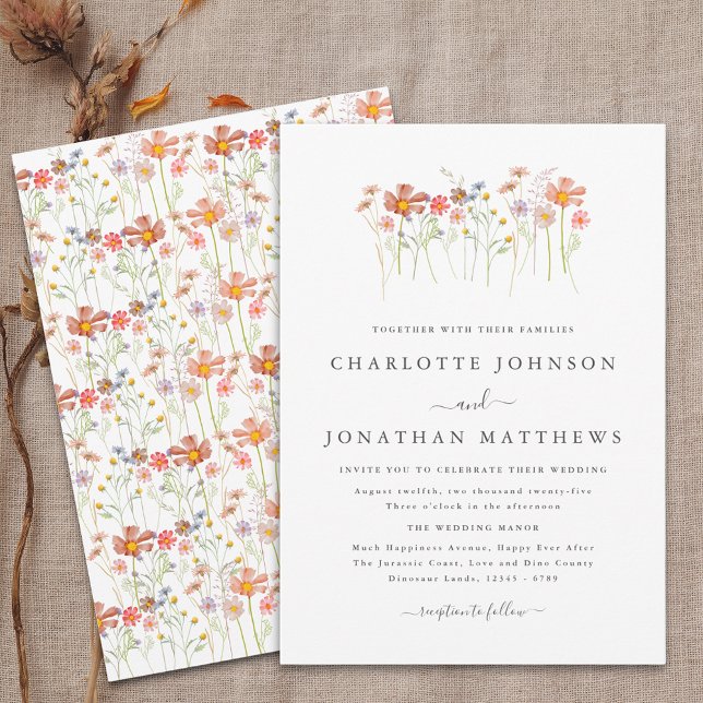 Convite Boho Fall Wildflower Meadow Wedding (Boho fall Wildflower floral Wedding invitation Watercolor autumn flowers orange terracotta brown)