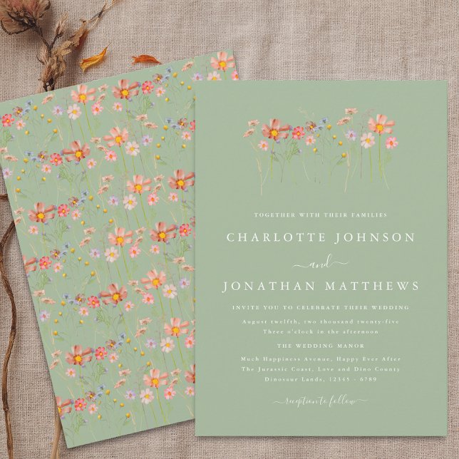 Convite Boho Fall Wildflower Sage Casamento Verde (Boho fall Wildflower meadow floral sage green Wedding Invitation Elegant modern script terracotta )