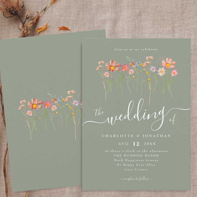 Convite Boho Fall Wildflower Sage Casamento Verde (Boho fall Wildflower floral sage green Wedding invitation Whimsical elegant script watercolor flower)