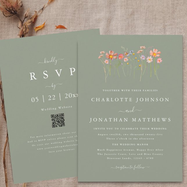 Convite Boho Fall Wildflower Sage Green Weding Código QR (Wildflower boho fall floral sage green Wedding qr code invitation watercolor meadow flowers elegant )