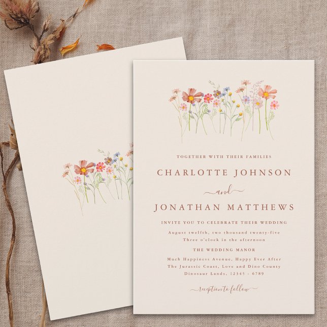 Convite Boho Fall Wildflower Terracotta Beige Weding (Boho fall Wildflower floral beige terracotta Wedding invitation Watercolor garden flowers elegant)