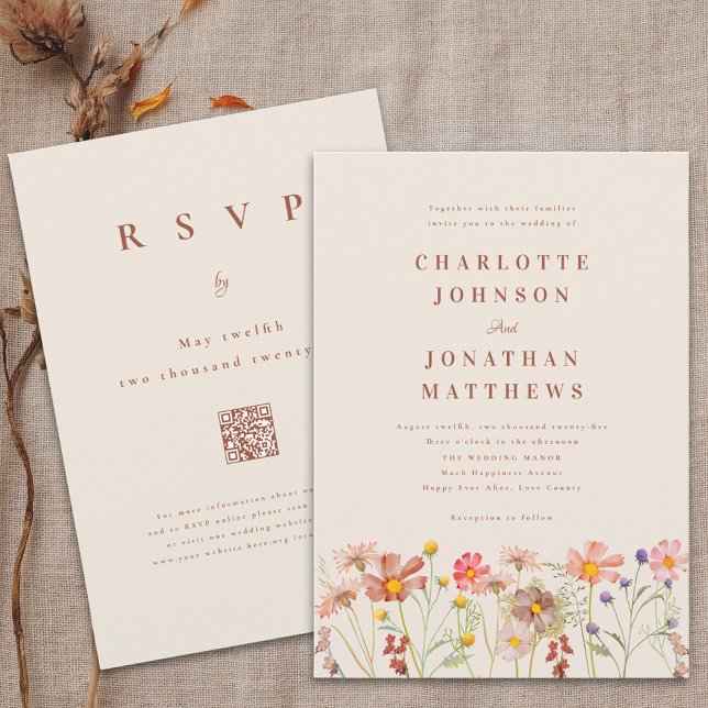 Convite Boho Fall Wildflower Terracotta Beige Weding (Wildflower floral terracotta beige boho fall Wedding qr code invitation Watercolor meadow flowers)