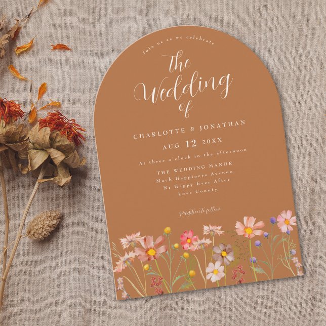 Convite Boho Fall Wildflower Terracotta Casamento (Boho Wildflower meadow elegant arch terracotta burnt orange fall Wedding invitation )