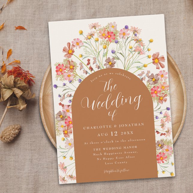 Convite Boho Fall Wildflower Terracotta Casamento (Boho fall wildflower terracotta burnt orange wedding invitation with elegant arch and modern script )