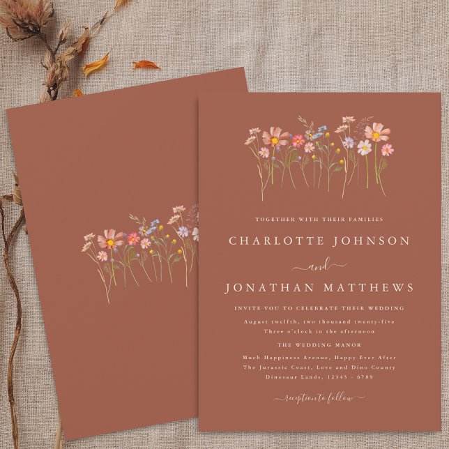 Convite Boho Fall Wildflower Terracotta Orange Wedding (Boho fall Wildflower floral beige terracotta Wedding invitation Watercolor flowers autumn colors)