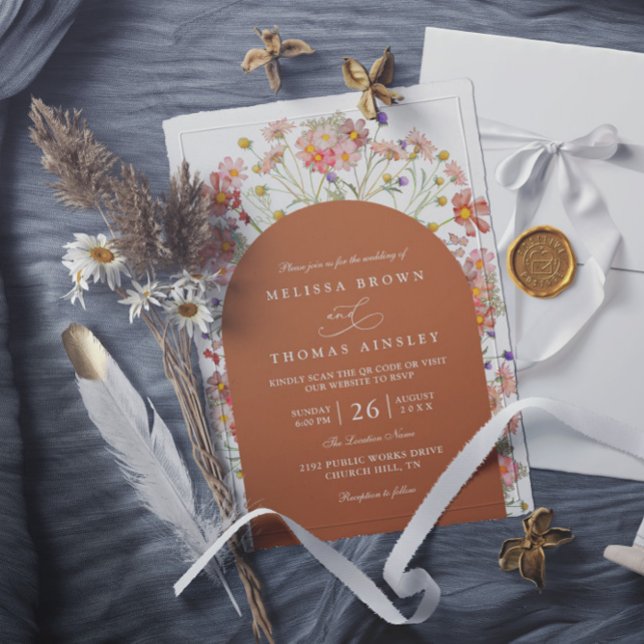 Convite Boho Fall Wildflower Terracotta QR Code Wedding (Criador carregado)