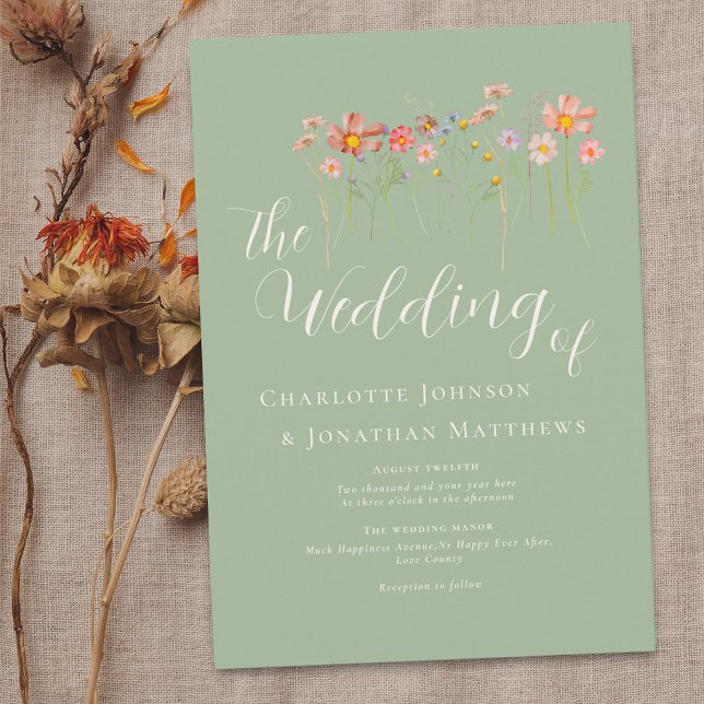 Convite Boho Fall Wildflower Terracotta Sage Casamento Ver (Boho fall Wildflower rustic floral sage green Wedding invitation Elegant modern script watercolor)