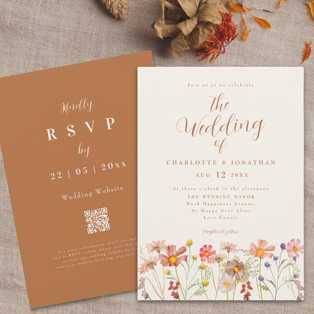 Convite Boho Fall Wildflower Wedding (Boho fall Wildflower meadow terracotta burnt orange Wedding invitation with elegant modern script )