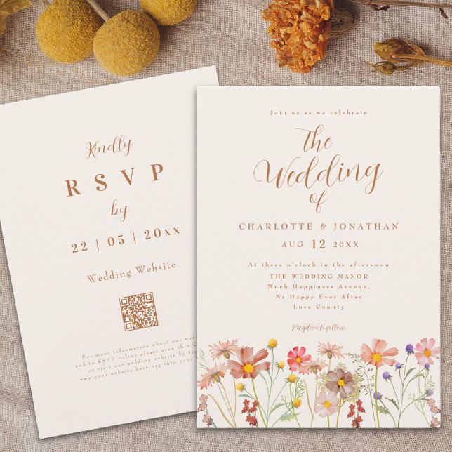 Convite Boho Fall Wildflower Wedding (Boho fall wildflower meadow burnt Orange terracotta wedding elegant script )