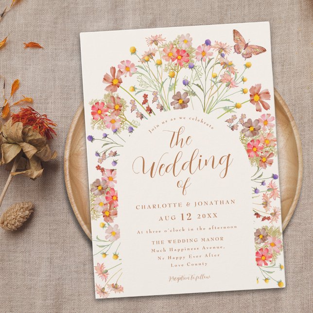 Convite Boho Fall Wildflower Wedding (Boho fall Wildflower butterfly floral Wedding invitation Terracotta ivory cream beige burnt orange)