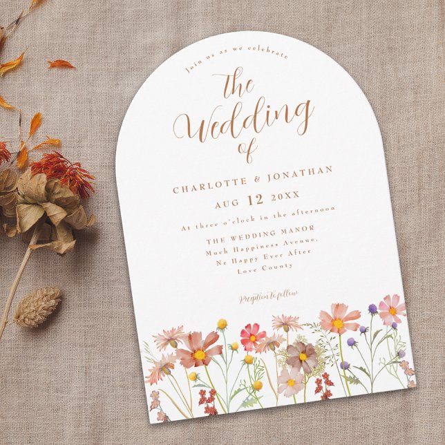 Convite Boho Fall Wildflower Wedding (Boho fall Wildflower rustic country meadow Wedding invitation terracotta burnt terracotta script)