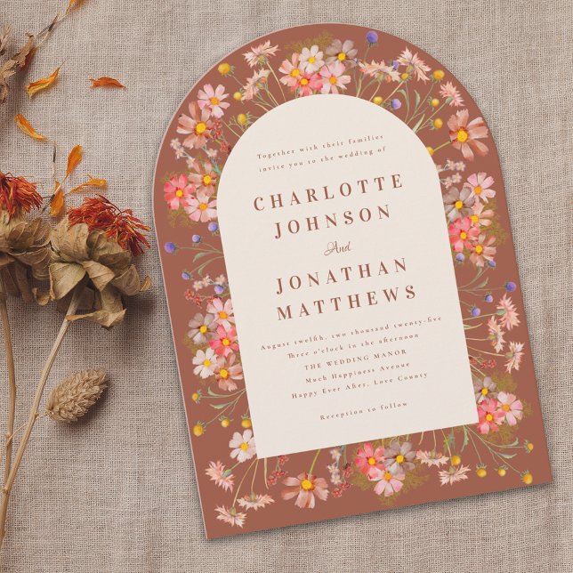 Convite Boho Fall Wildflower Wedding (Boho rustic wildflower arch fall wedding invitation elegant modern burnt orange terracotta  beige )