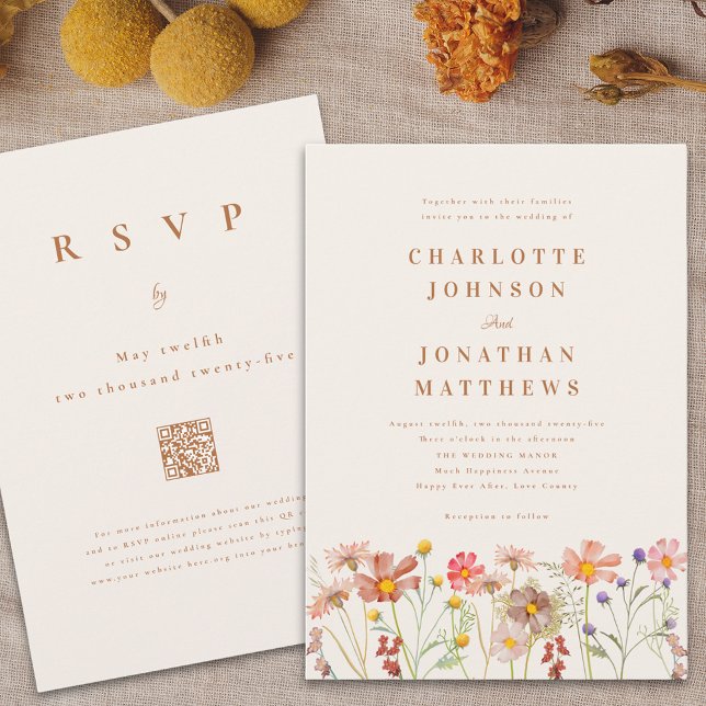 Convite Boho Fall Wildflower Wedding (Boho fall wildflower wedding invitation watercolor autumn florals terracotta beige burnt orange)