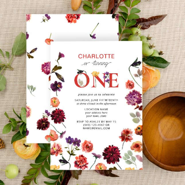 Convite Boho Faz Um Aniversário de 1 Ano Floral Aquarela (1st Birthday Invitation)