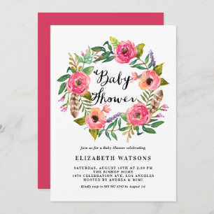 Convite Boho Feather Chá de fraldas Floral Rosa