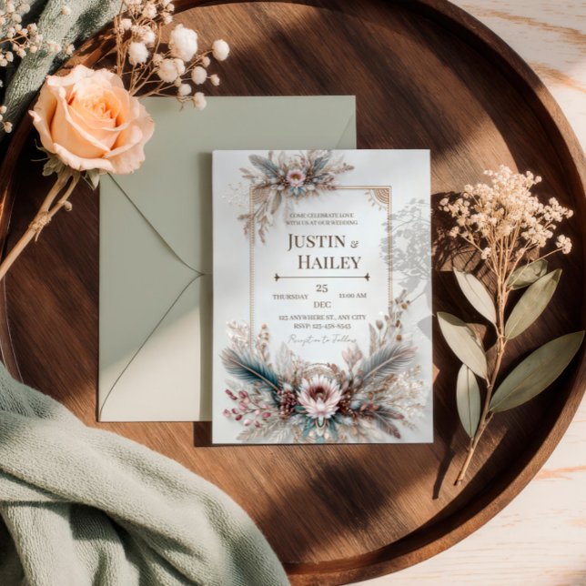 Convite Boho Feather Floral Pink Gold Frame Wedding (Criador carregado)