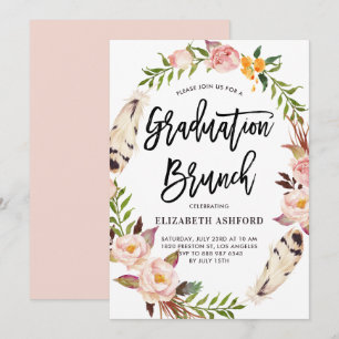Convite Boho Feather & Floral Wreath Graduação Brunch