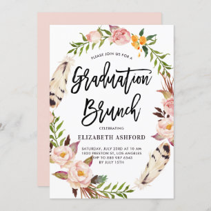 Convite Boho Feather & Floral Wreath Graduação Brunch