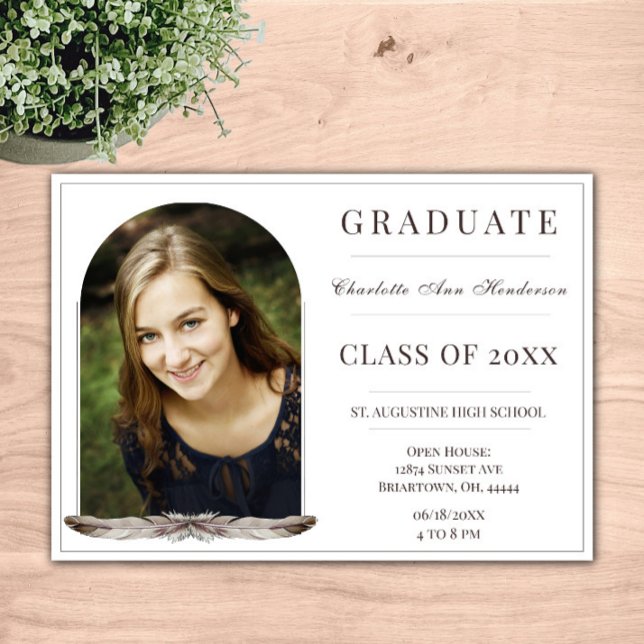 Convite Boho Feather Frame Photo Open House | Branco (Boho Feather Frame Photo Open House Invitation)