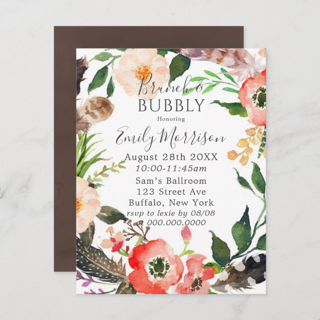 Convite Boho Feather Red Poppy Brunch e Bubble Invites (Frente/Verso)