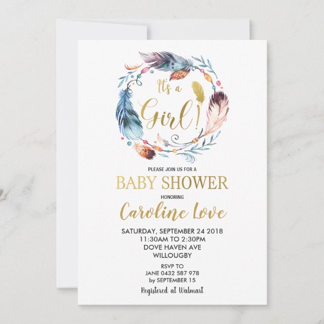 Convite Boho Feather Wreath Chá de fraldas (Frente)