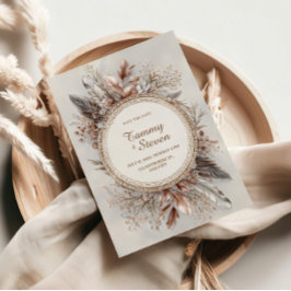 Convite Boho Feather Wreath Earth Tone Gold Frame Wedding