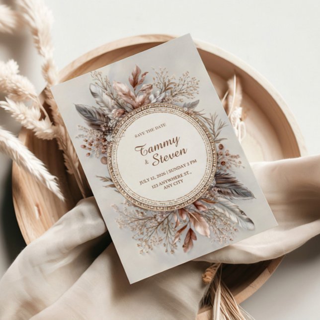 Convite Boho Feather Wreath Earth Tone Gold Frame Wedding (Criador carregado)