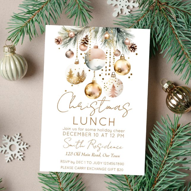 Convite Boho, festa de Natal, Snowcolor (Boho Christmas party lunch template invitation gold baubles on pines gold glitter modern invitation)