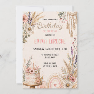 Convite Boho Flor de Campo de Aniversário Floral Pampas Aq