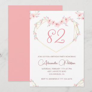 Convite Boho Floral Aguarela Rosa Aniversário de 82 anos