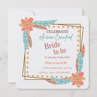 Convite Boho Floral and Feather Square Bridal Shower Invit