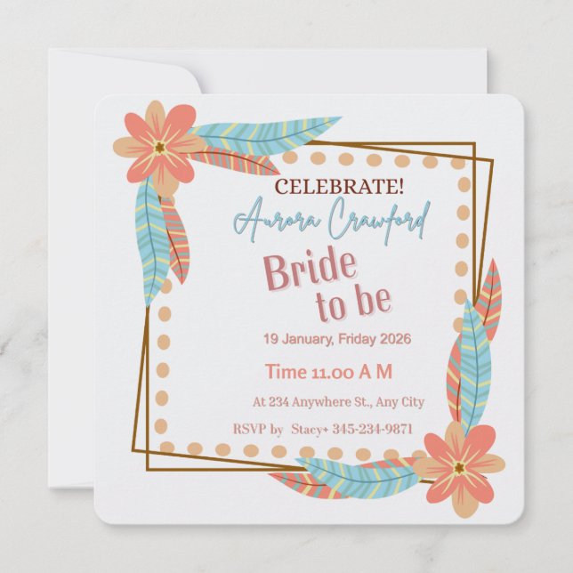 Convite Boho Floral and Feather Square Bridal Shower Invit (Frente)