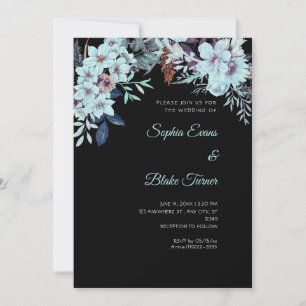 Convite Boho Floral Azul Inverno Casamento Preto