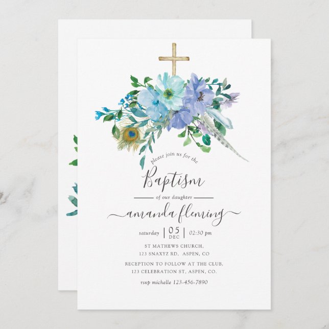 Convite Boho Floral Baptism, Cor de Água Azul (Frente/Verso)