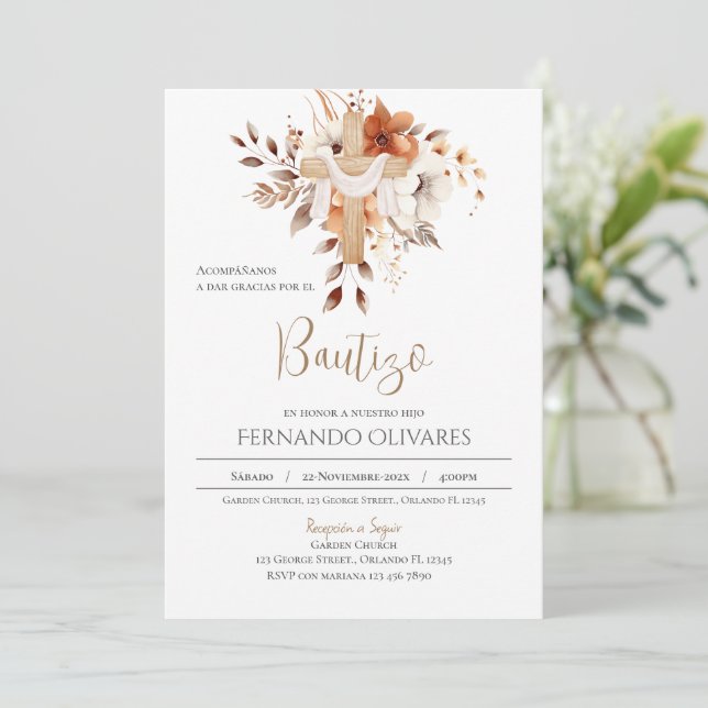 Convite Boho Floral Baptism espanhol (Em pé/Frente)