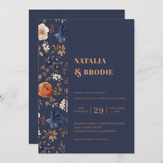Convite Boho Floral Blue Rust Weding (Frente/Verso)
