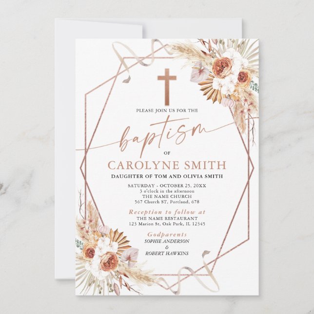 Convite Boho Floral Bohemian e Pampas Grass Baptism (Frente)
