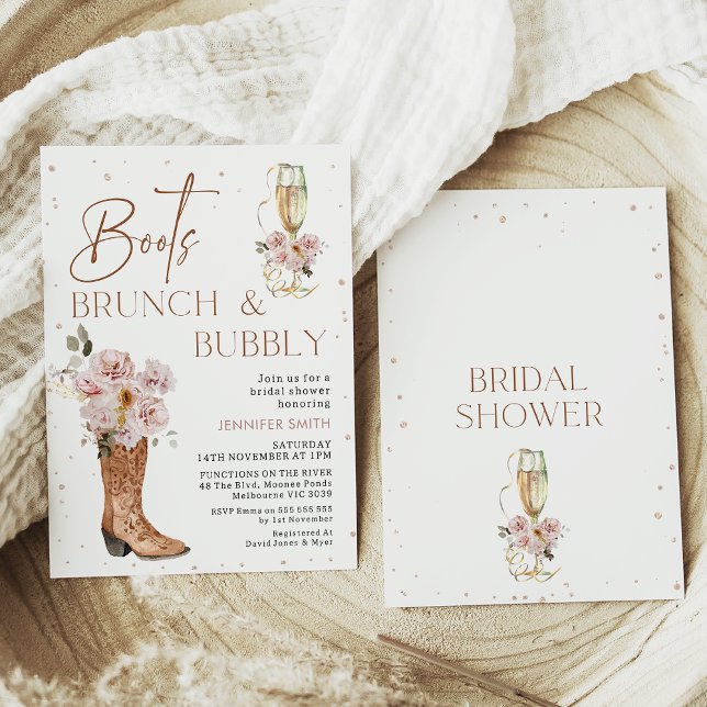 Convite Boho Floral Boot Brunbble Chá de panela (Boots brunch and bubbly bridal shower invitation in a bohemian style with cowboy boots and glass.)