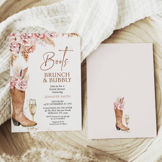Convite Boho Floral Boots Brunch Chá de panela Borracha (Blush boho floral boots, brunch and bubbly bridal shower invitation in a rustic style with glass)