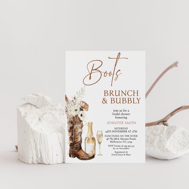 Convite Boho Floral Boots Brunch Chá de panela Borracha (Floral Cowgirl Boots Brunch and Bubbly Bridal Shower Invitation, Champagne Glass and Bottle, Wedding)