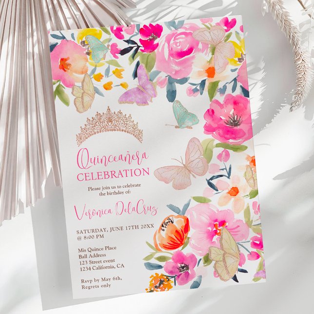 Convite Boho floral borboletas quinceanera (Boho floral watercolor butterflies quinceanera invitation)