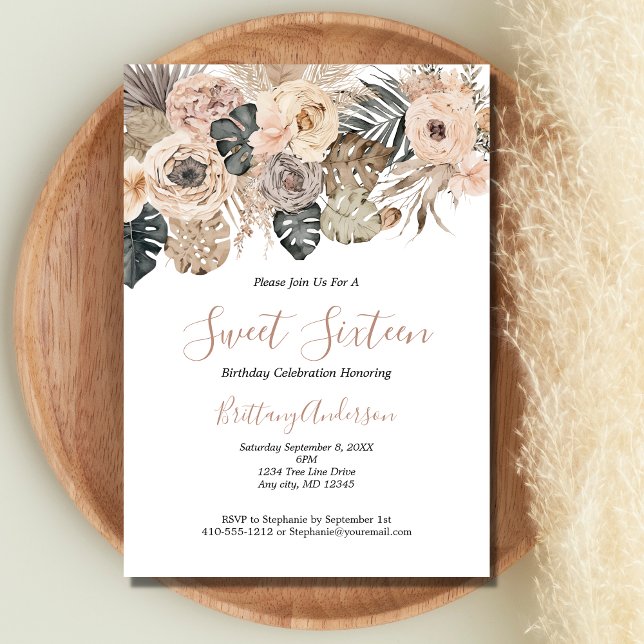 Convite Boho Floral Botânico Doce Dezesseis 16 Aniversário (Blush Pink White Gray Brown Boho Floral Botanical Sweet Sixteen Birthday Invitation)