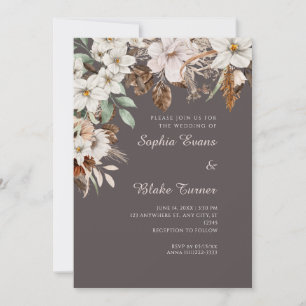 Convite Boho Floral Branco Cinza Cinzento Casamento de Out