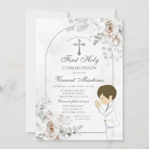 Convite Boho Floral Branco Cruz Prata Menino Rezando Batis