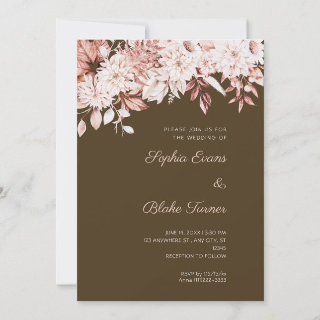 Convite Boho Floral Branco Inverno Café Marrom Casamento (Frente)