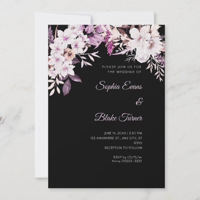 Convite Boho Floral Branco Inverno Casamento Preto (Frente)