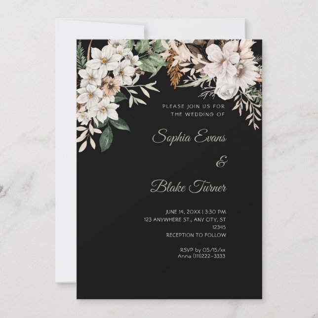 Convite Boho Floral Branco Inverno Casamento Preto (Frente)