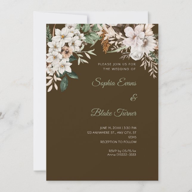 Convite Boho Floral Branco Mocha Marrom Casamento (Frente)
