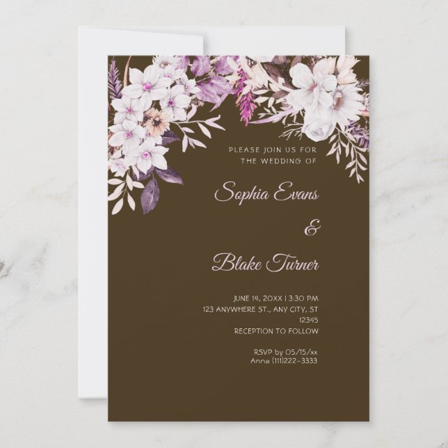 Convite Boho Floral Branco Mocha Marrom Casamento (Frente)